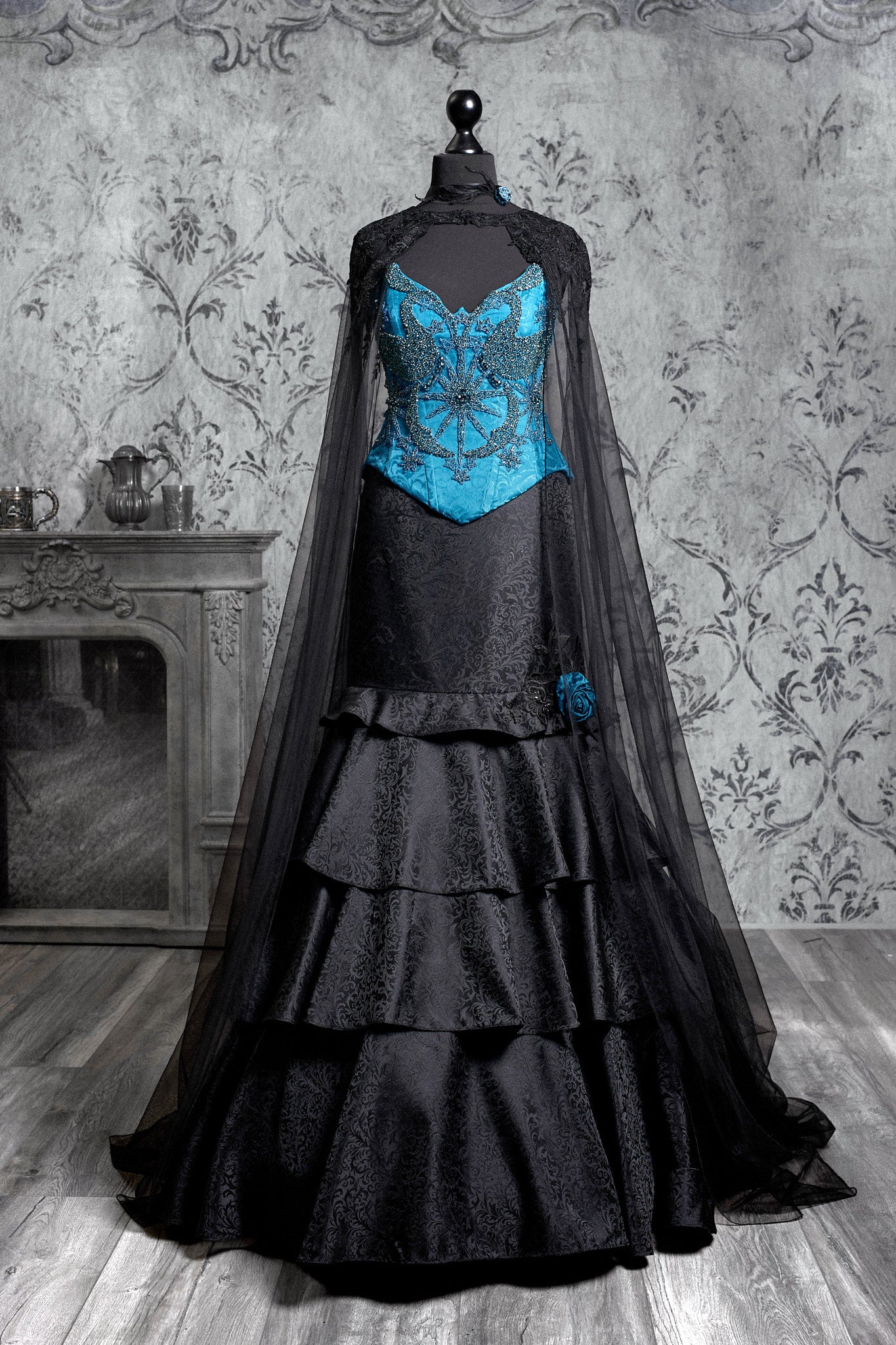Blue Gothic Corset Gown with Black Cape