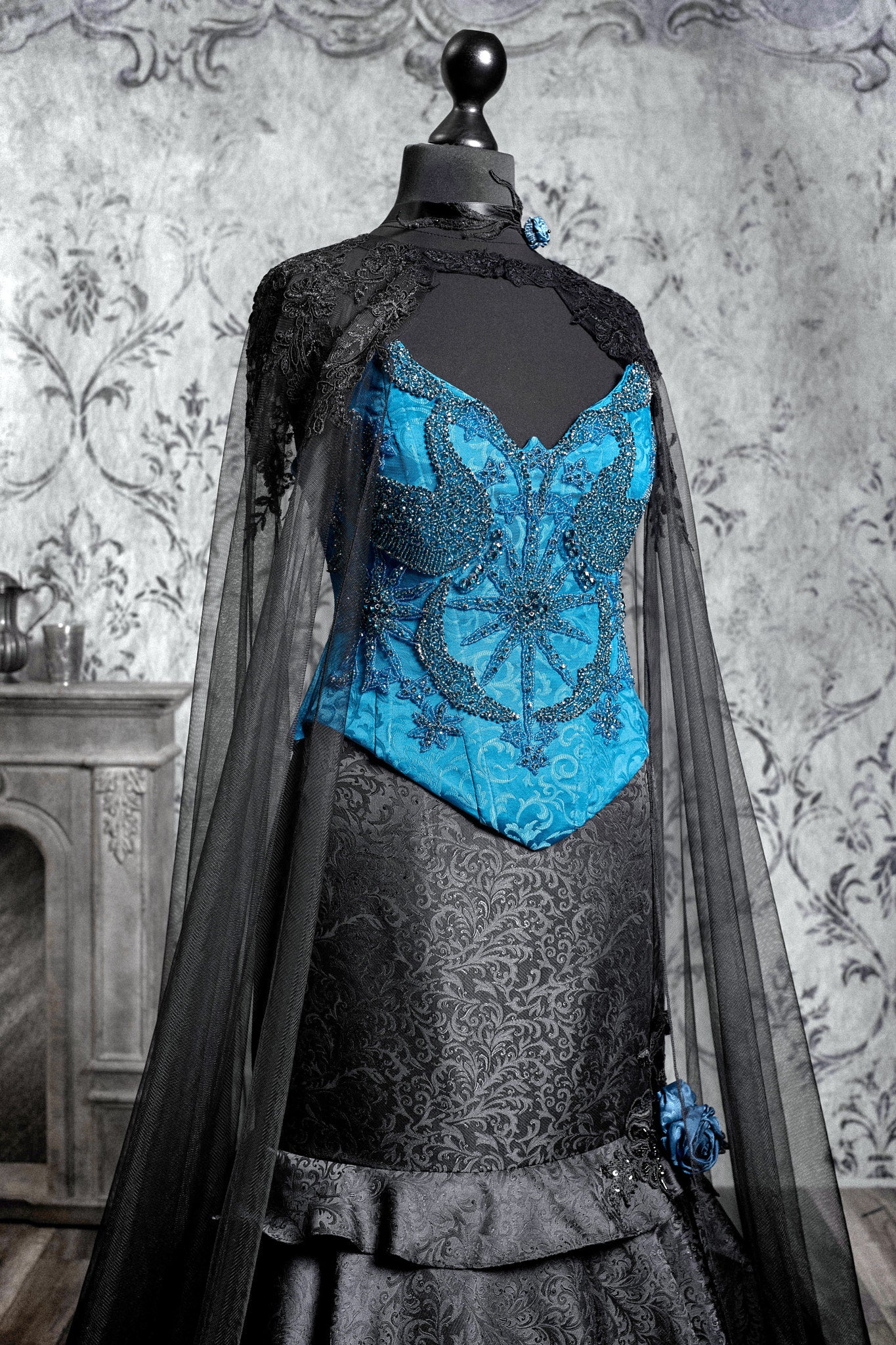 Blue Gothic Corset Gown with Black Cape