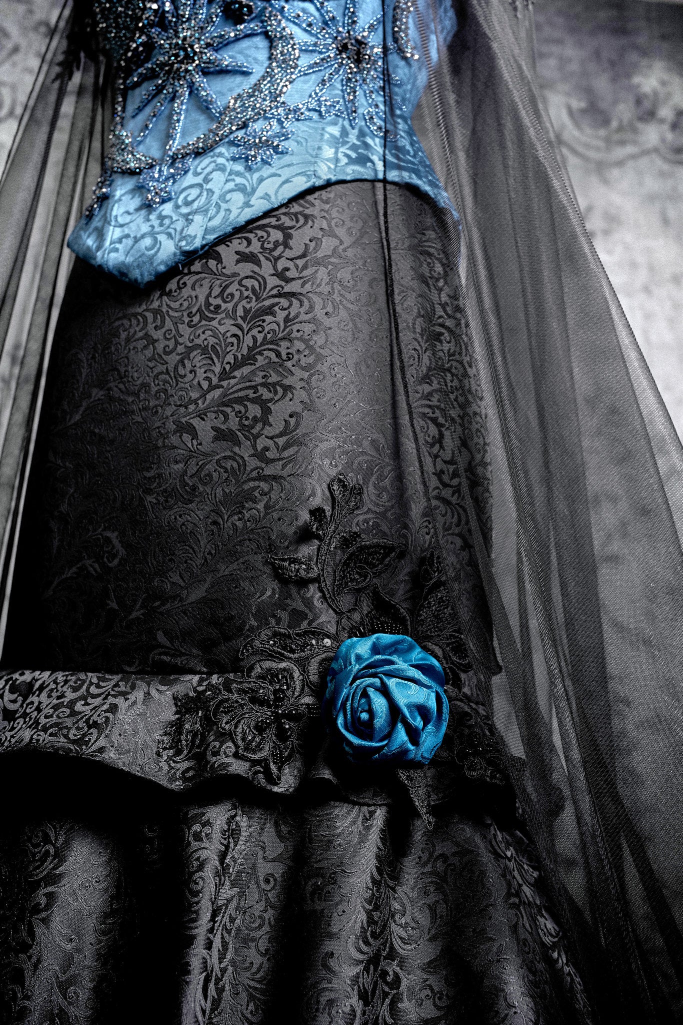 Blue Gothic Corset Gown with Black Cape