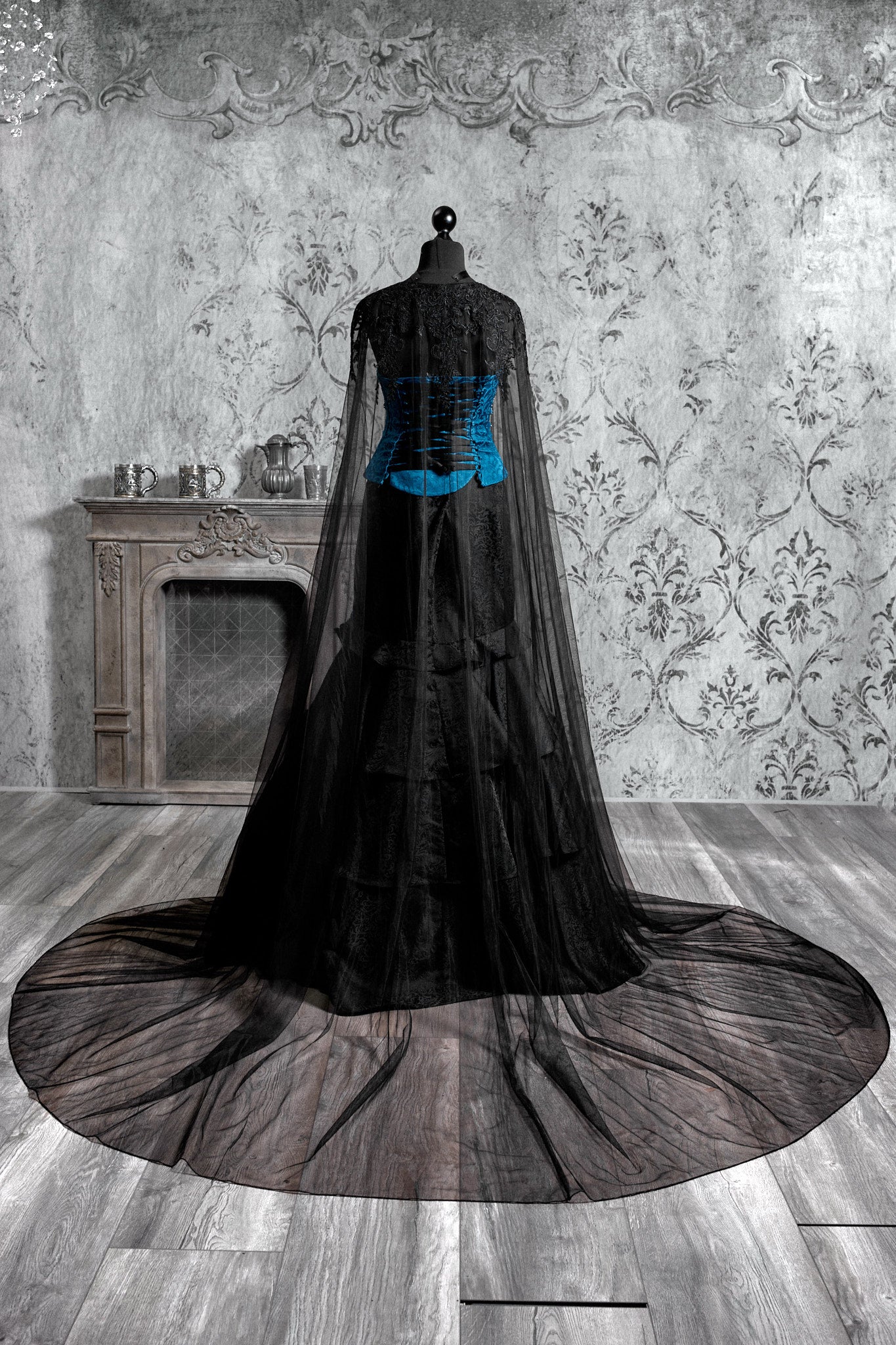 Blue Gothic Corset Gown with Black Cape
