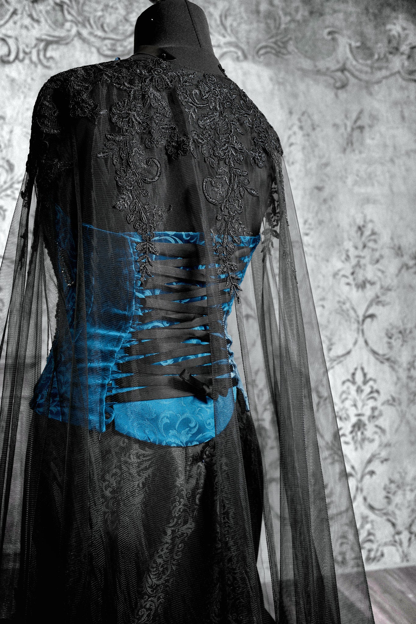 Blue Gothic Corset Gown with Black Cape