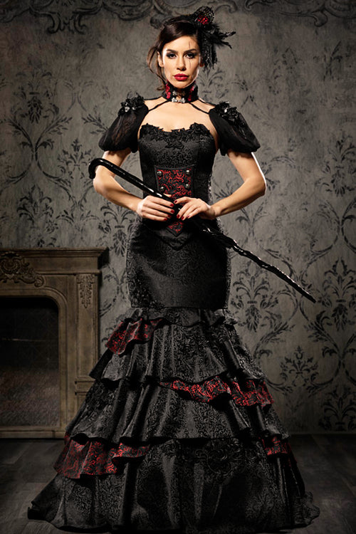 Extravagant Gothic couture dress for Halloween wedding or luxury event, red carpet dress. extravagant wedding outfit.
