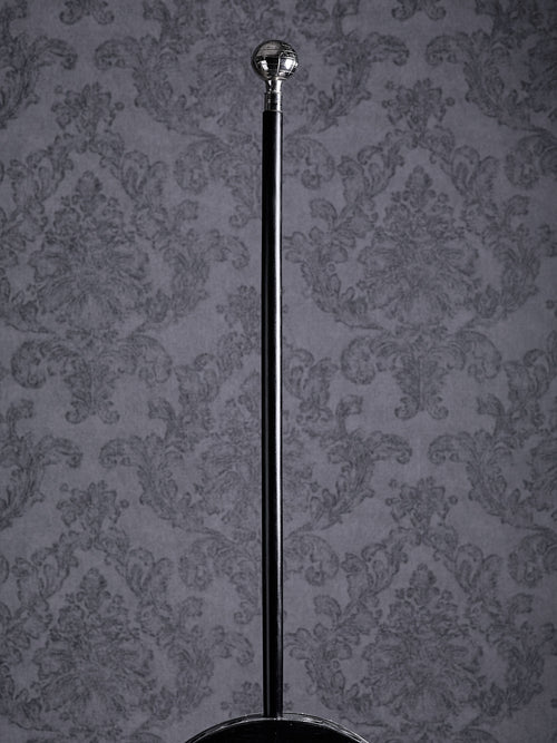 Full-length view of the Atlas walking cane with a silver globe topper and a sleek black shaft on a patterned background