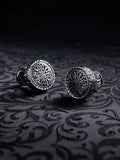 Front view of Baroque Crest metal cufflinks with intricate gothic pattern and antique silver finish