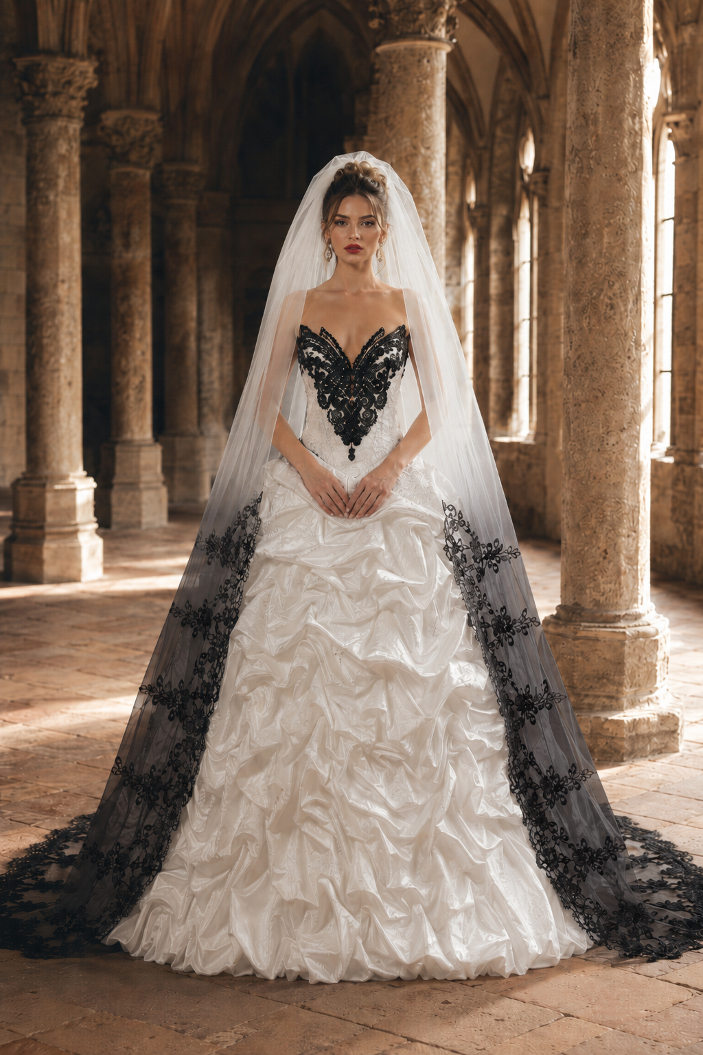 Black Lace Wedding Veil Long Ivory Bridal Veil with Gothic Floral Lace Trim