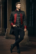 Men's Dracula vampire costume with black baroque brocade frock coat, deep red lapels and cuffs, ornate silver buttons and jewelled brooch for Halloween or dark wedding