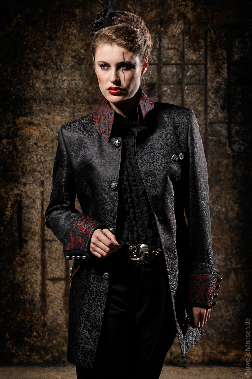 Raven Baroness Black & Red Brocade Gothic Pantsuit