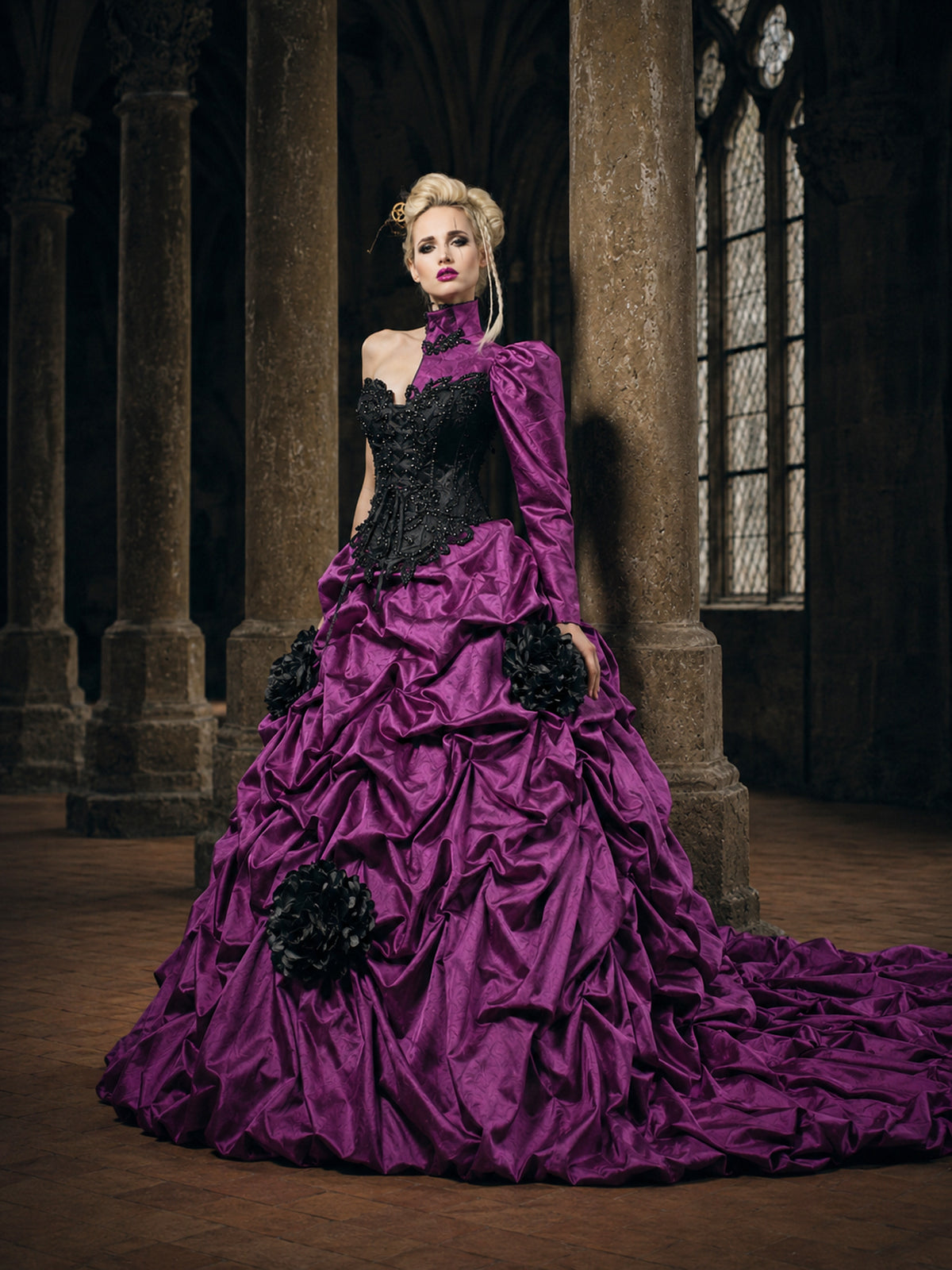 Purple Gothic Couture Gown with Cathedral Train
