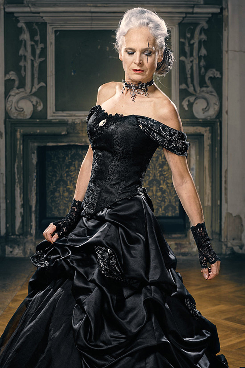 Black Off-Shoulder Gothic Wedding Gown