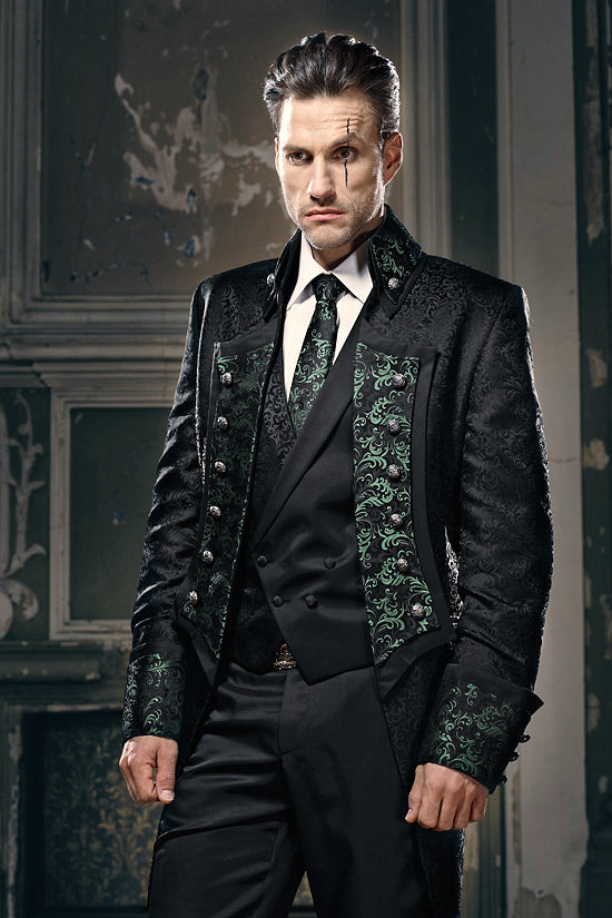 Gothic wedding suit for men black tailcoat with green brocade vest panels, white shirt and tie, alternative groom fashion