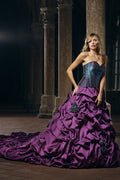 Purple gothic wedding ballgown with strapless iridescent blue teal corset bodice, voluminous ruched taffeta skirt with handcrafted dark teal roses and cathedral train