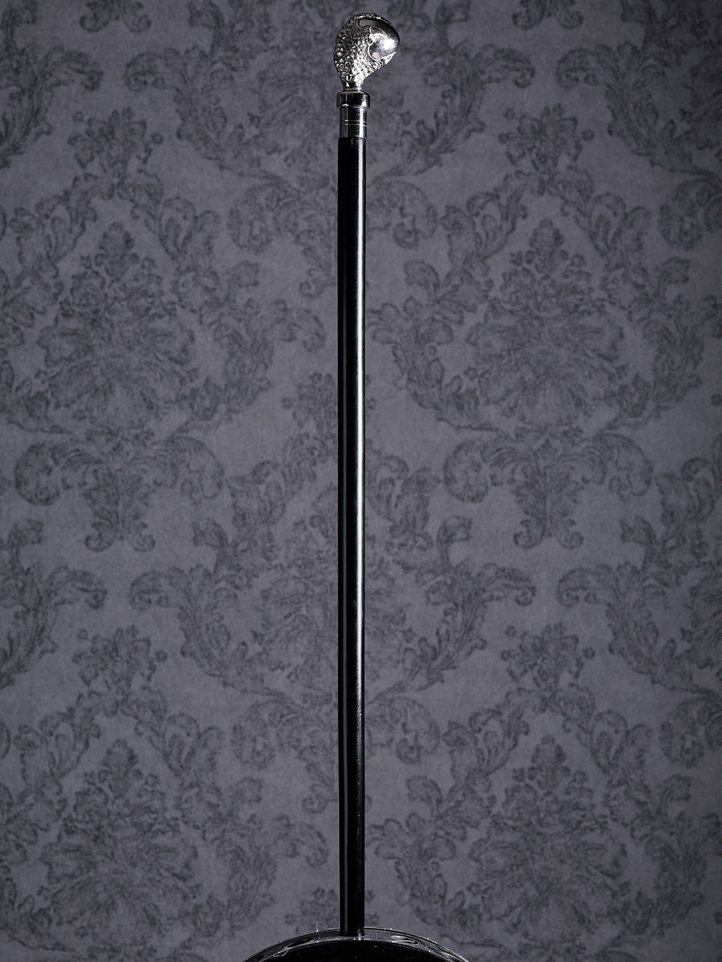 Full-length view of the Reptilian Grasp walking cane with its distinctive claw handle and sleek black shaft on a grey background