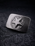 Rectangular metal belt buckle named Silent Star with a central star in a cratered circle on a black background