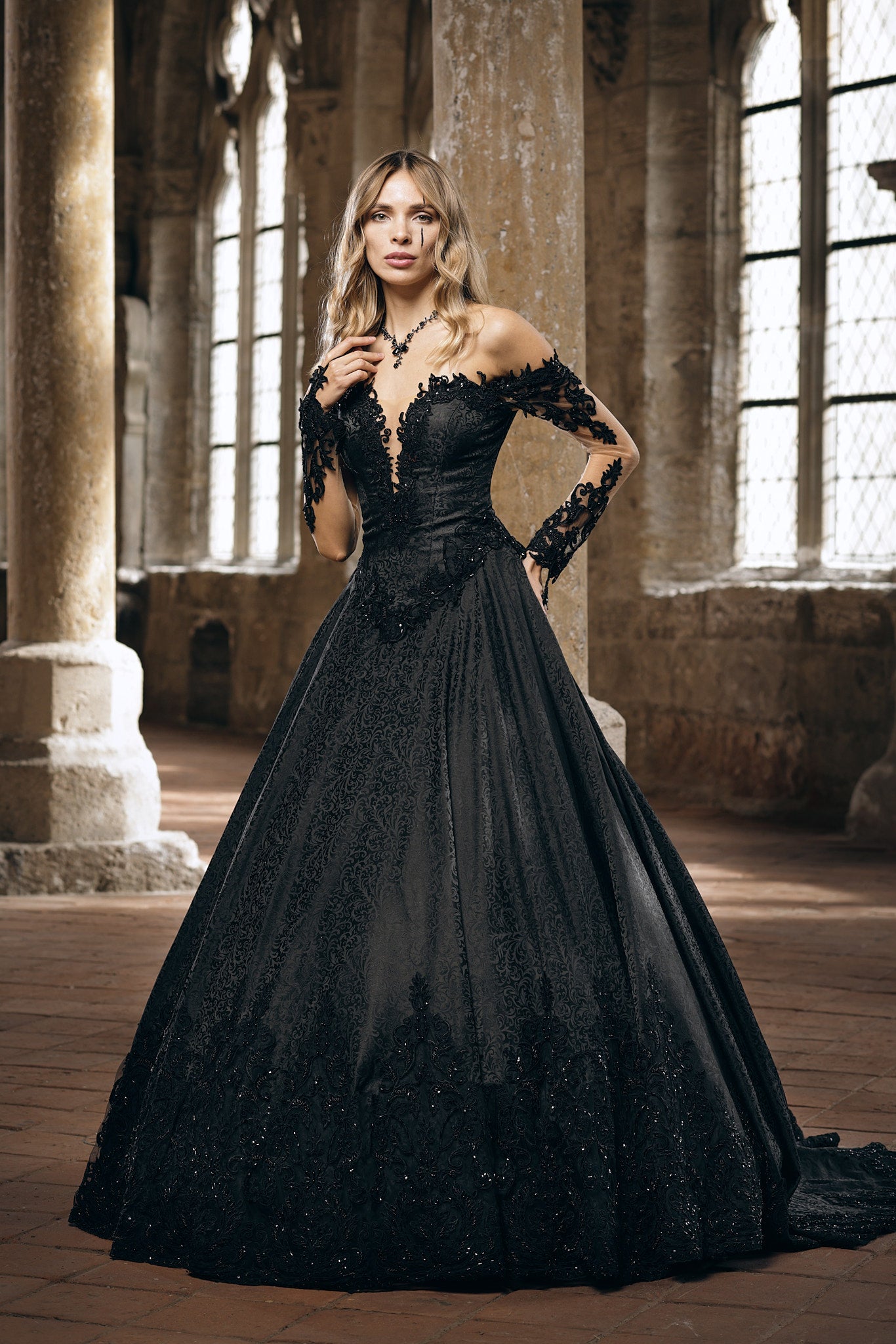 Black Lace Long Sleeve Gown