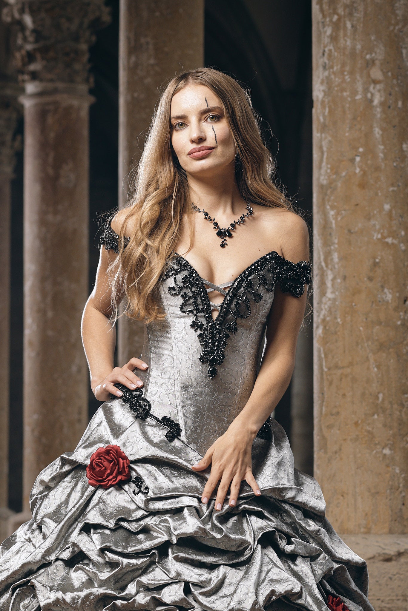 Silver Gothic Ball Gown with Black Lace Corset