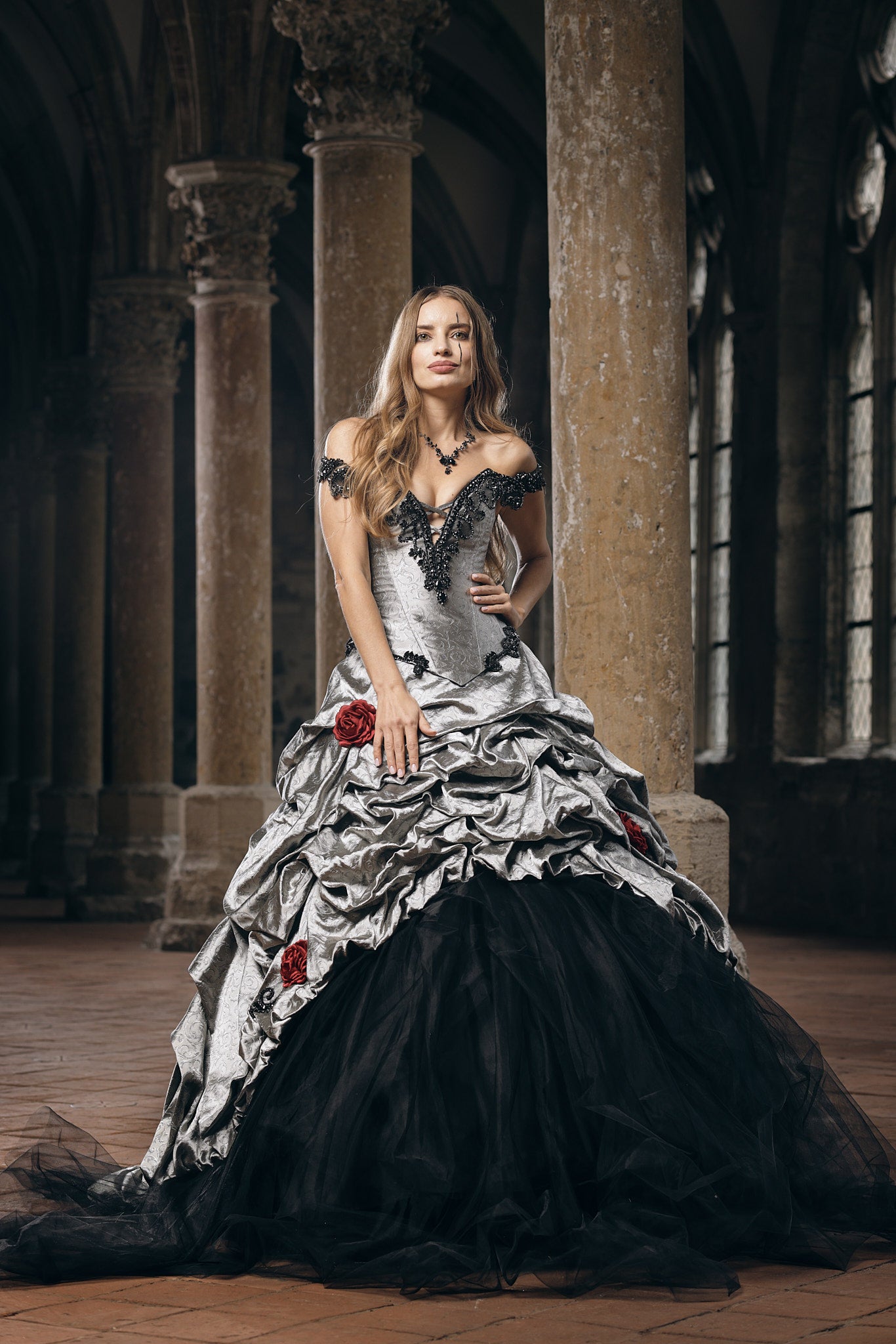 Silver Gothic Ball Gown with Black Lace Corset