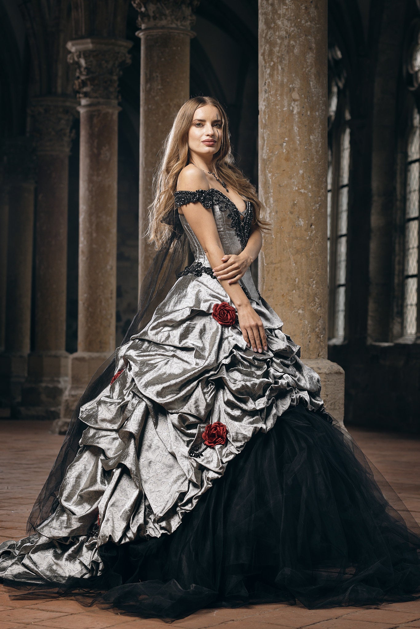 Silver Gothic Ball Gown with Black Lace Corset