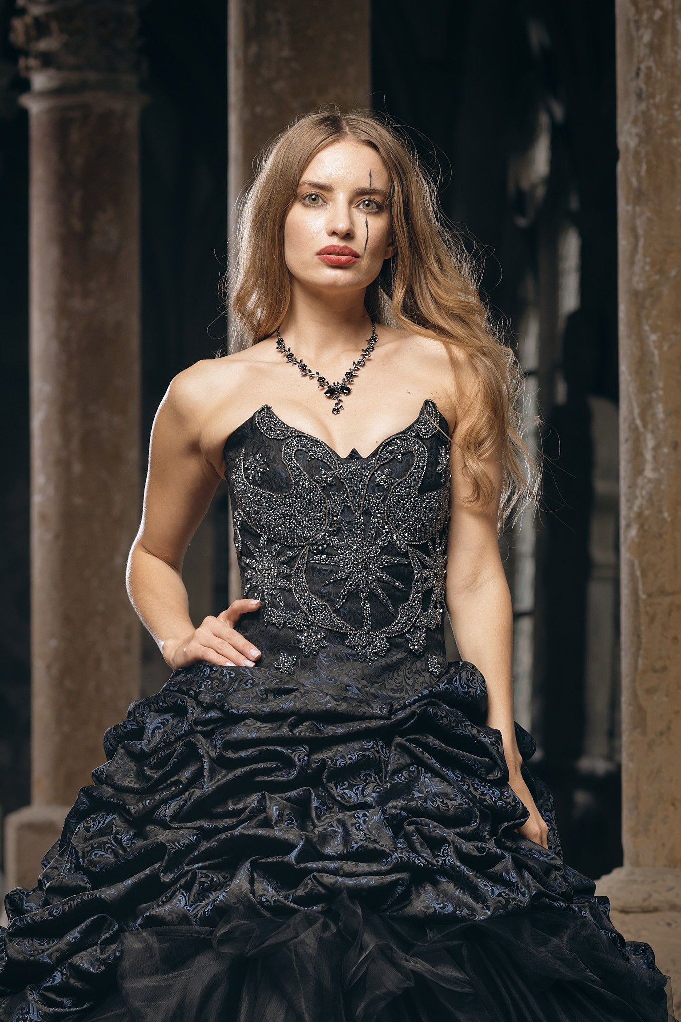 Black Gothic Couture Wedding Dress with Embellished Corset and Dramatic Layered Ball Gown Skirt
