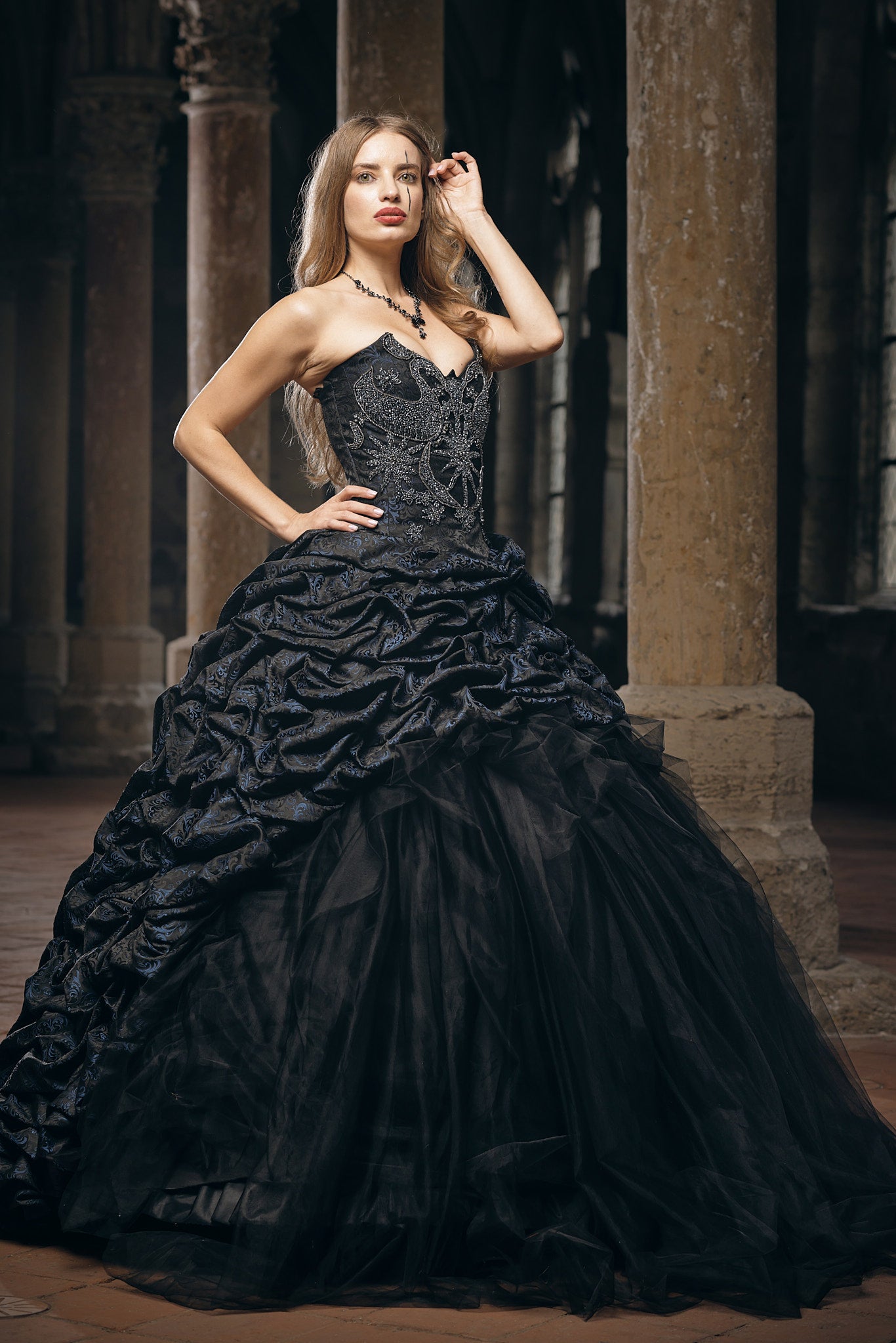 Black Gothic Couture Wedding Dress with Embellished Corset and Dramatic Layered Ball Gown Skirt