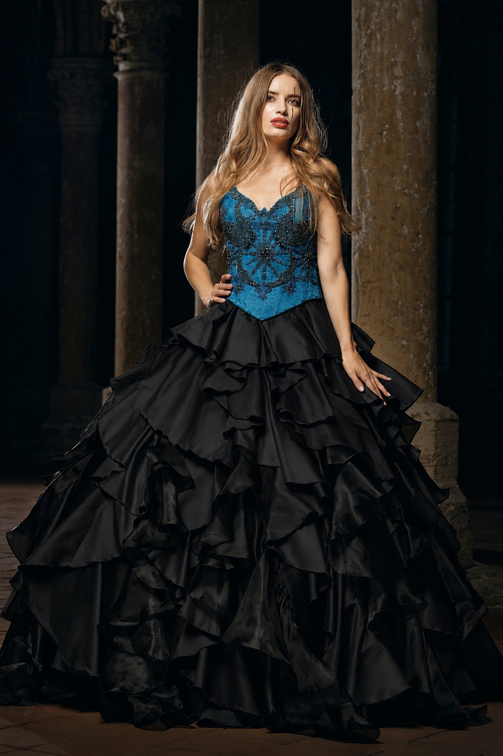 Turquoise Gothic Corset Gown with Black Ruffle Skirt