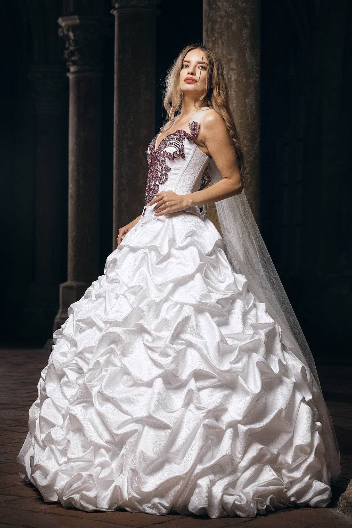 White Couture Ball Gown with Ruby Embellished Corset