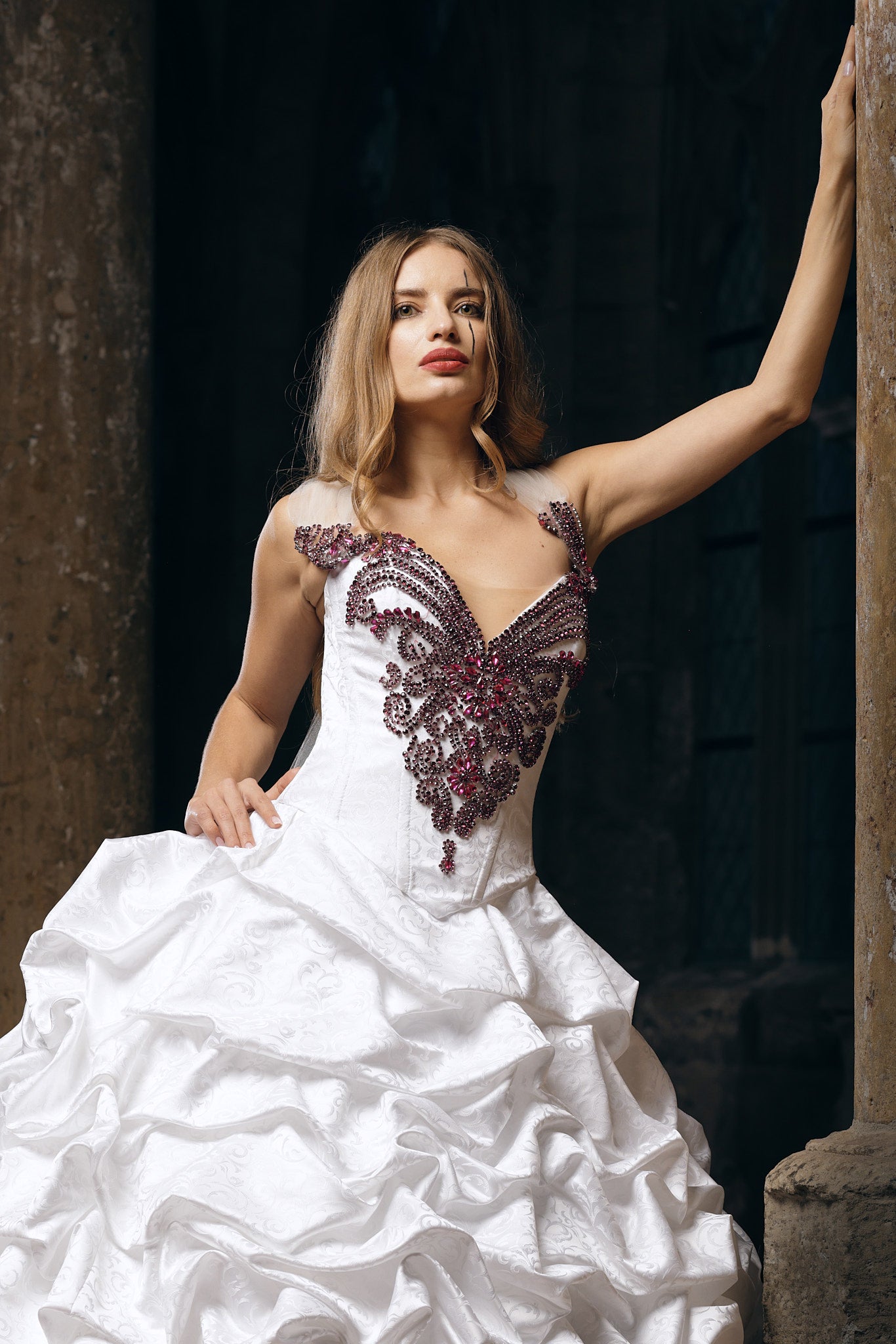 White Couture Ball Gown with Ruby Embellished Corset