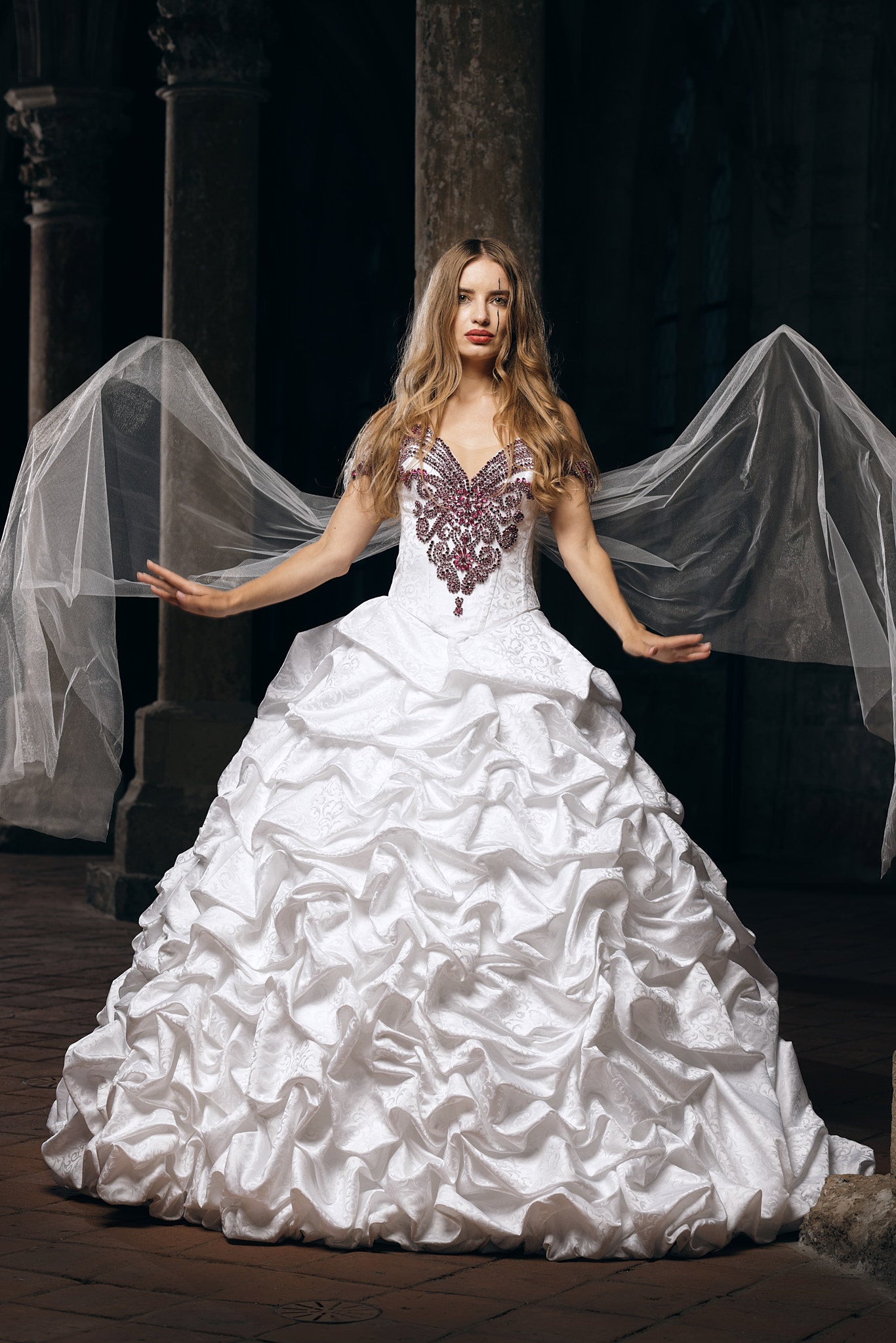 White Couture Ball Gown with Ruby Embellished Corset