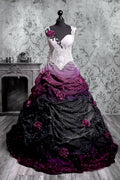 Gothic wedding ballgown with white lace corset bodice transitioning into purple and black ombre ruched tulle skirt, scattered pearl beading and handcrafted magenta roses throughout